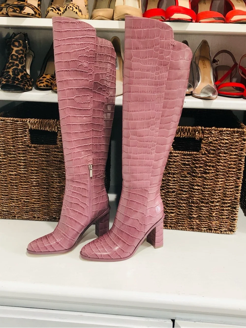 Marc Fisher Pink Croc-Embossed Over-the-Knee Block Heel Boots